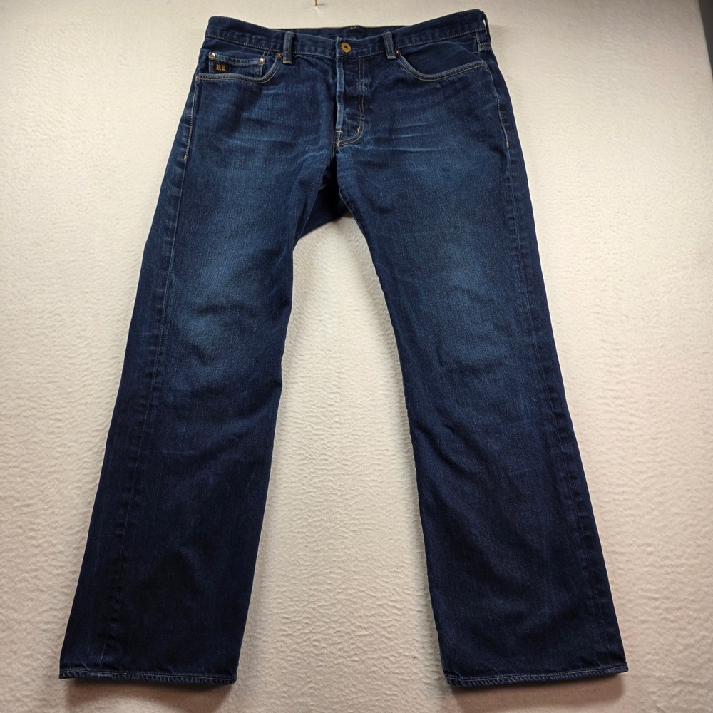 Polo Ralph Lauren Mercer Slim Fit Jeans Mens 36x32 Blue Straight Leg Flag Patch - Picture 2 of 11